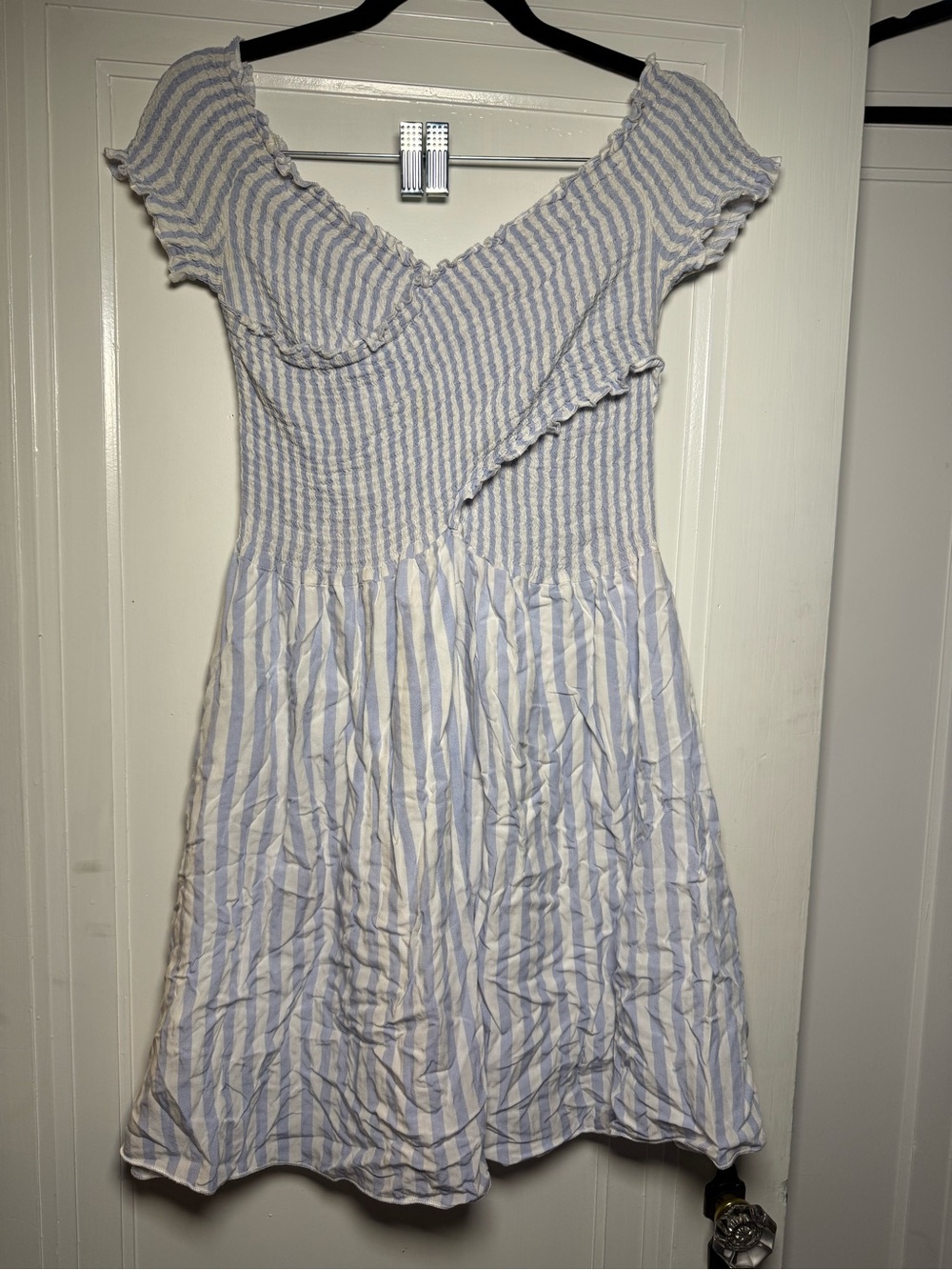 CeCe Blue and White Striped Off-Shoulder Mini Dress